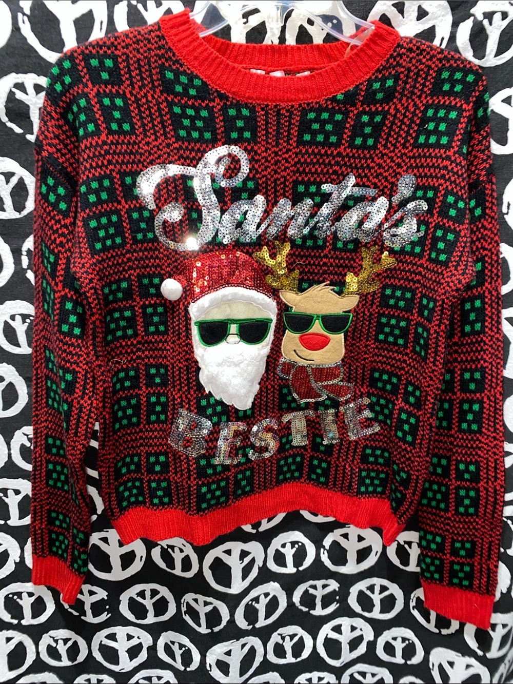 NWOT CHRISTMAS SWEATER: NO BOUNDARIES RED/BLACK/GREEN/SEQUINS SZ S